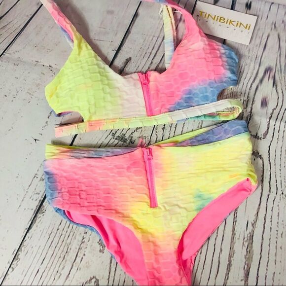 TiniBikini Pastel Tie Dye Strappy Zipper Two-Piece Swimsuit High Waist XS - Picture 1 of 9